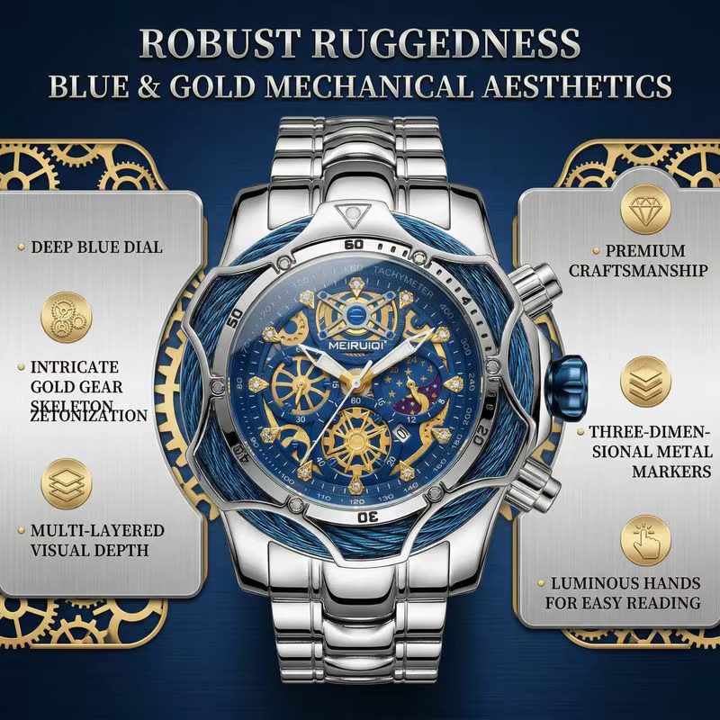 MEIRUIQI Armbanduhr Automatik, Edelstahl, blaues Zifferblatt, Herren - Bild 5