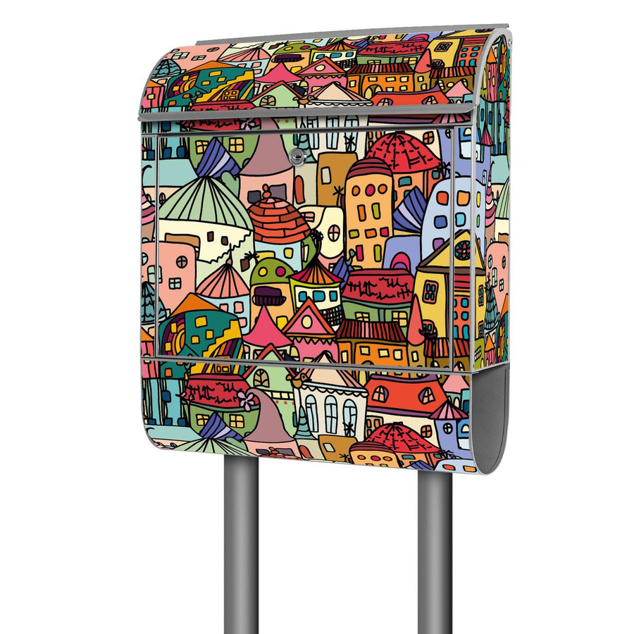 Banjado Großer Standbriefkasten mit Motiv Funky Town und Zeitungsfach, pulverbeschichtet, Grau/Silber/Mehrfarbig - Bild 1