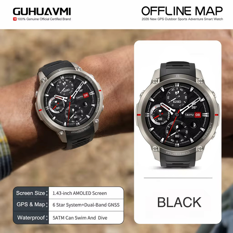 GUHUAVMI Premium Militär-Smartwatch für Herren in Schwarz mit GPS-Outdoor-Navigation, Offline-Karten, 5ATM Wasserdichtigkeit, Bluetooth-Anruffunktion und Kompass - Bild 7
