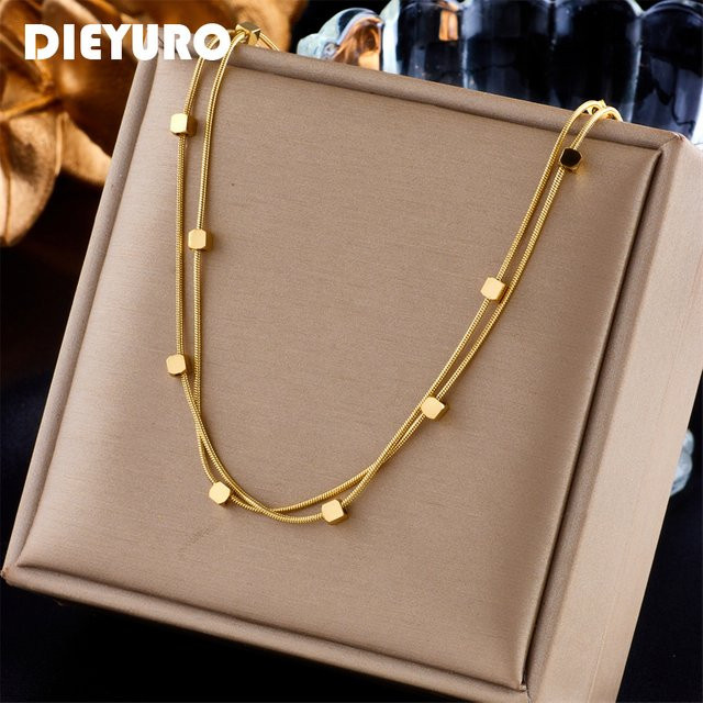 DIEYURO Halskette, 2 In 1 Kleine Würfel, Edelstahl, Gold, Damen - Bild 1