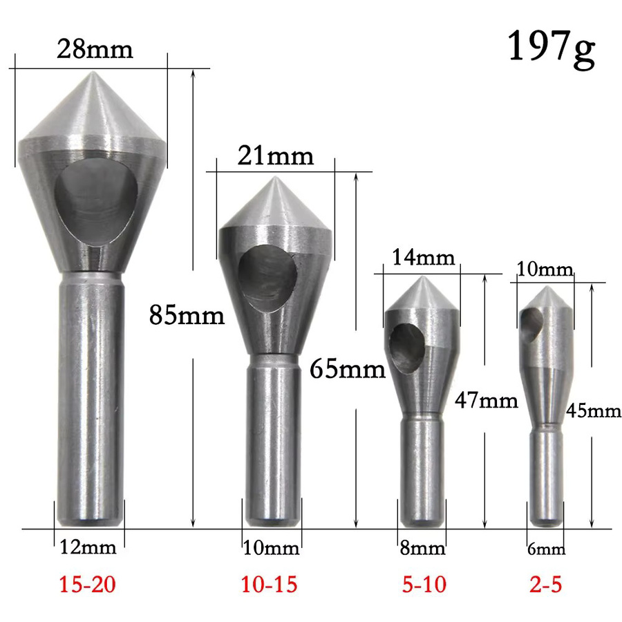 4-teiliges HSS-Bohrwerkzeug-Set aus Hochgeschwindigkeitsstahl zum Entgraten und Schräglöcher Bohren, Silber, 2–20 mm - Bild 2