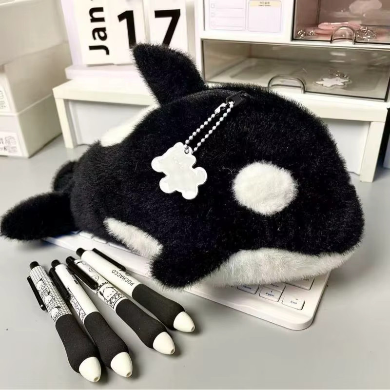 Plüsch Etui mit Cartoon Wal Design als Schreibwaren Tasche für Schule und Büro in Schwarz - Bild 2