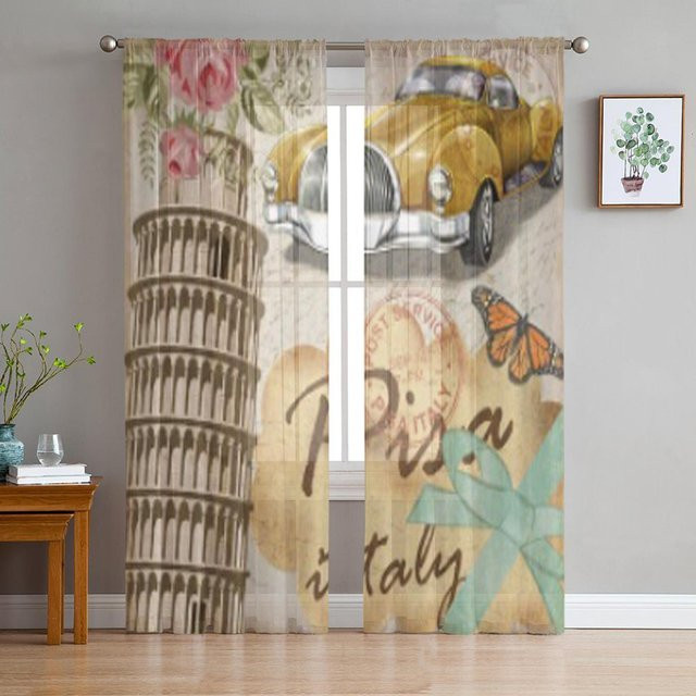 Pisa Vintage Poster Transparente Tüll-Fenstervorhänge aus Chiffon in Braun, Breite: 135 cm, Höhe: 114 cm - Bild 1
