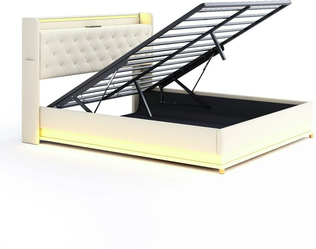 okwish Polsterbett Beige mit LED, USB-Anschluss und hydraulischem Stauraum, B/T/H: 160 x 200 x 113 cm - Bild 1