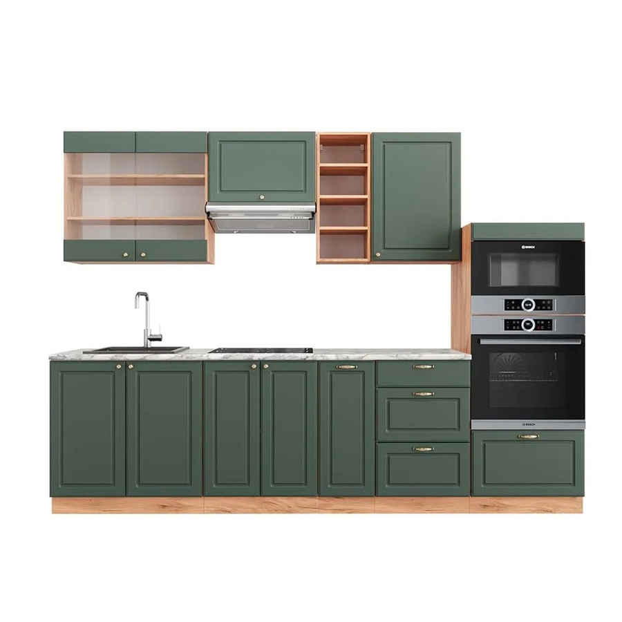 Vicco Fame-Line Küchenzeile Landhausstil in Grün-Gold mit Eiche-Optik und Marmor-Arbeitsplatte, B/T/H: 280 x 60 x 82 cm - Bild 2