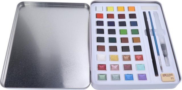 Wosawe Aquarellfarben-Set mit 36 metallischen Farben in einer grauen Blechdose für DIY-Bastelprojekte und Kunsttagebücher - Bild 1