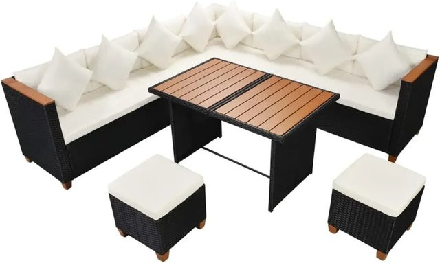vidaXL 7-tlg. Garten-Lounge-Set aus Poly Rattan in Schwarz mit Auflagen und Polsterkissen - Bild 1