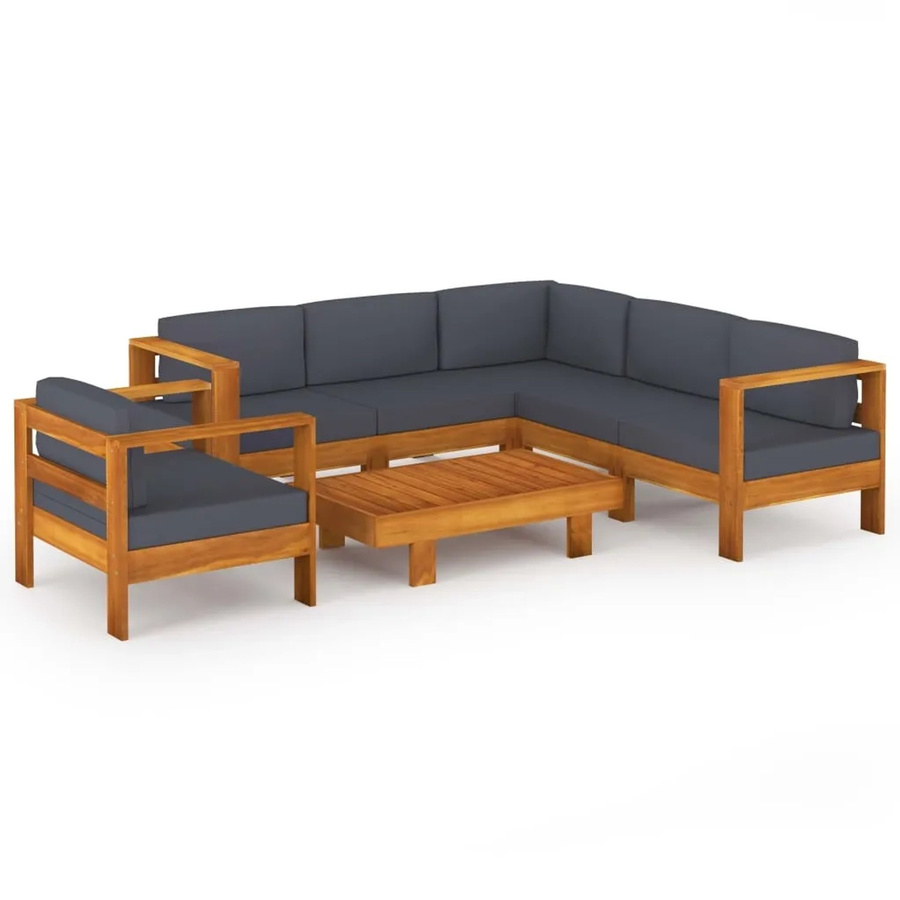 vidaXL 7-tlg Garten-Lounge-Set aus Akazienholz in L-Form mit grauen Polstern aus UV-beständigem Polyester - Bild 2