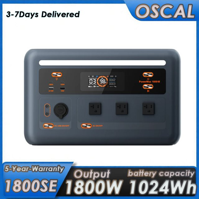 OSCAL PowerMax 1800SE Tragbare Powerstation in Schwarz mit 1800W Ausgangsleistung und 1024Wh Batteriekapazität - Bild 1