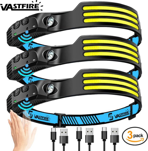 VASTFIRE LED Stirnlampe mit Bewegungssensor, USB wiederaufladbar, wasserdichte XPE+COB Taschenlampe in Schwarz - Bild 1