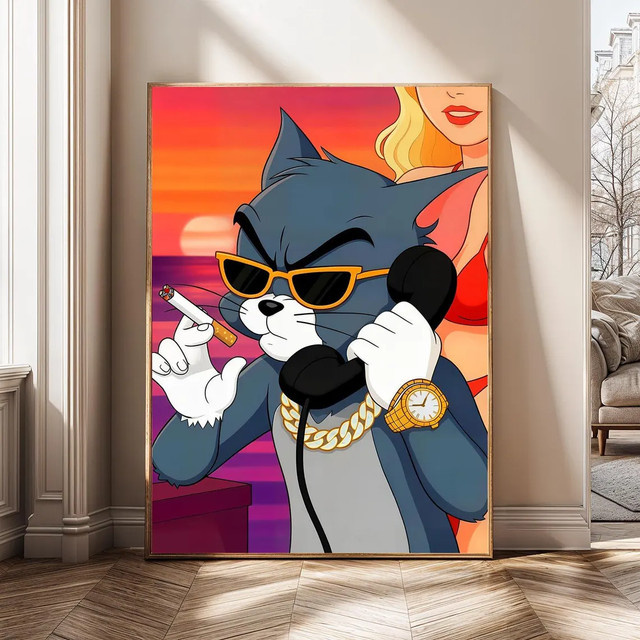 Cool Cat Business Art Digital Download Retro Sonnenuntergang Cartoon Poster Lustige Katze Wandkunst Mehrfarbig - Bild 1