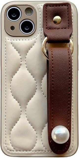 ASONPAI Leder Handyhülle mit Perlen-Handgelenkband und Ständer für iPhone 15 16 17 14 13 12 11 Pro Max Plus in Beige - Bild 1