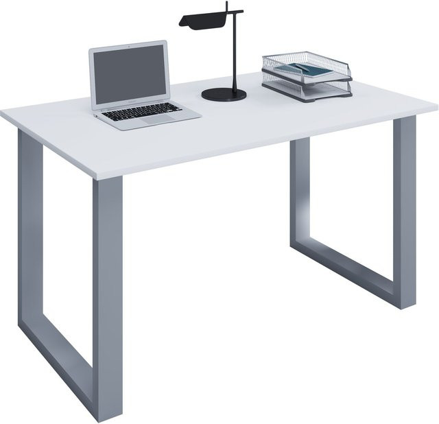 VCM Schreibtisch Lona U in Weiß und Silber mit Holzstruktur-Nachbildung und Metall-U-Fußgestell, B: 140 cm, T: 50 cm, H: 76 cm - Bild 1