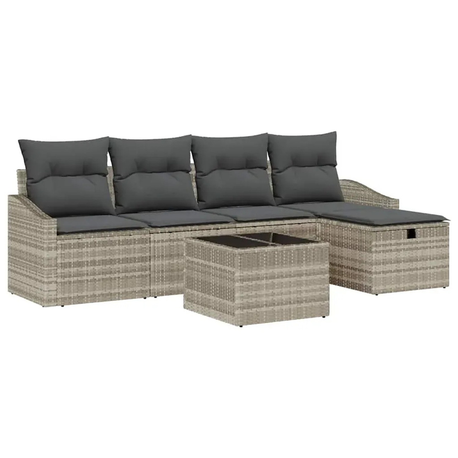 vidaXL Garten-Sofa-Set aus Polyrattan in Hellgrau mit 6 Teilen, L-Form mit 3er-Sofa, 2er-Sofa, Ottoman und Kissen - Bild 2