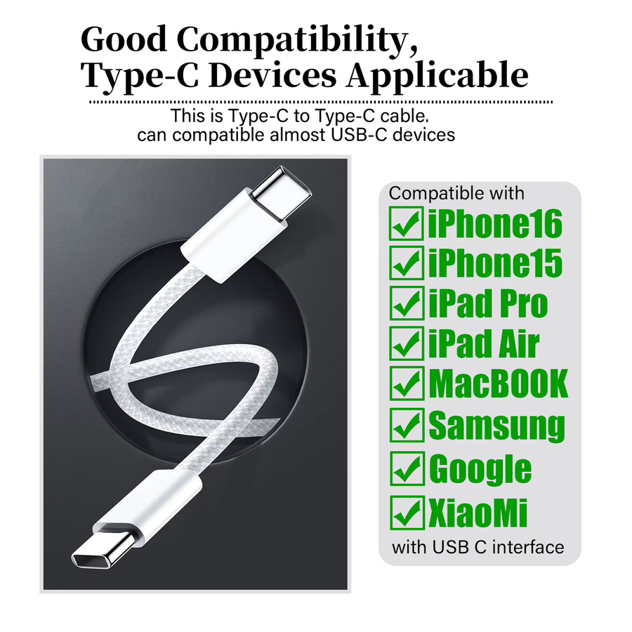 Tonsiny USB-C Schnellladekabel 60 W in Weiß für iPhone 16 15 Pro Max, Huawei, Xiaomi, Samsung und Google, geflochtenes Typ C Kabel - Bild 3