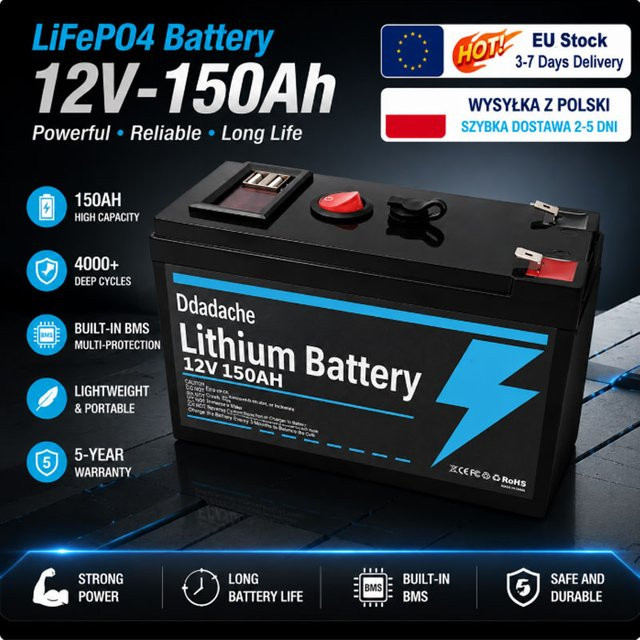 12V 150Ah LiFePO4 Lithium-Batterie mit USB-Anschluss und BMS, schwarze Deep-Cycle-Solarbatterie für Marine, Camping und netzunabhängige Stromversorgung - Bild 1