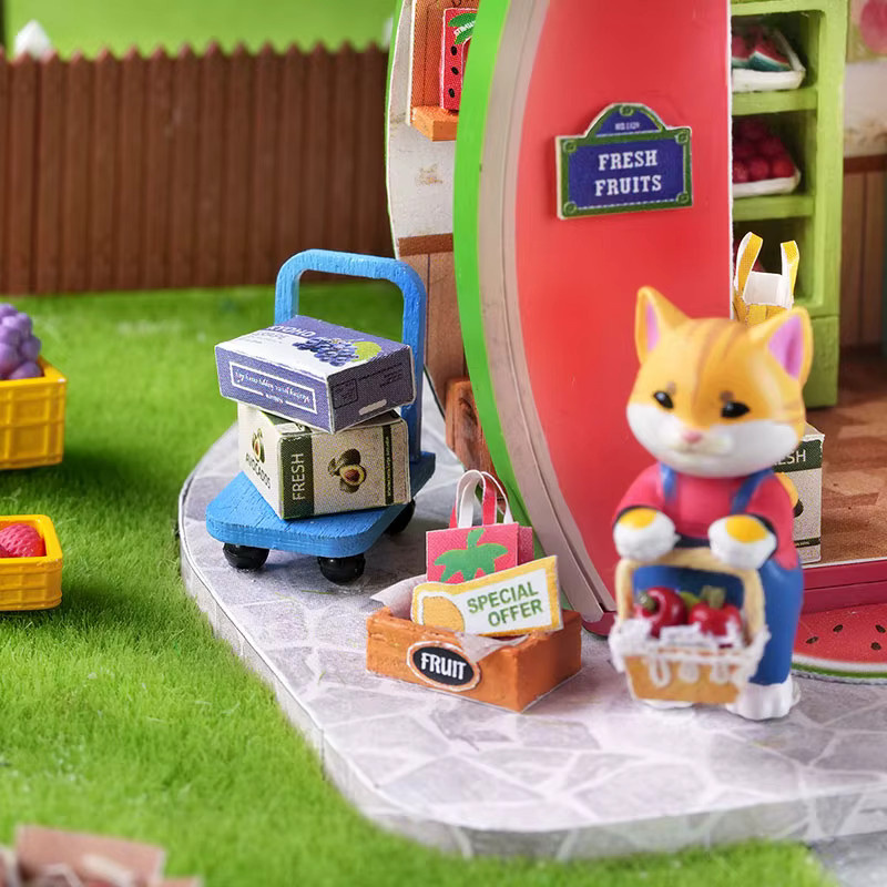 zuuton DIY Miniatur Puppenhaus Kit Süße Katze Obstladen, 3D Holzpuzzle Modellbausatz, mit LED Licht, ab 14 Jahren - Bild 3