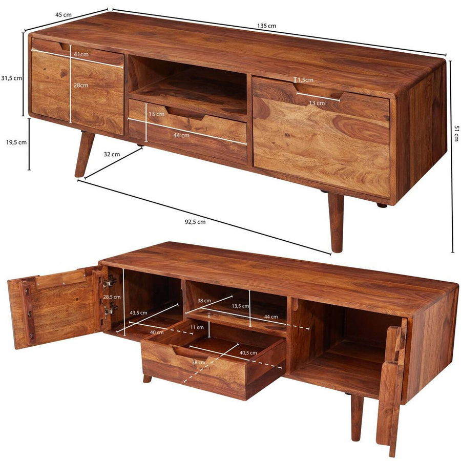Wohnling Lowboard aus Sheesham- und Mangoholz in Braun im Landhausstil, B/H/T: 135 x 51 x 45 cm - Bild 3