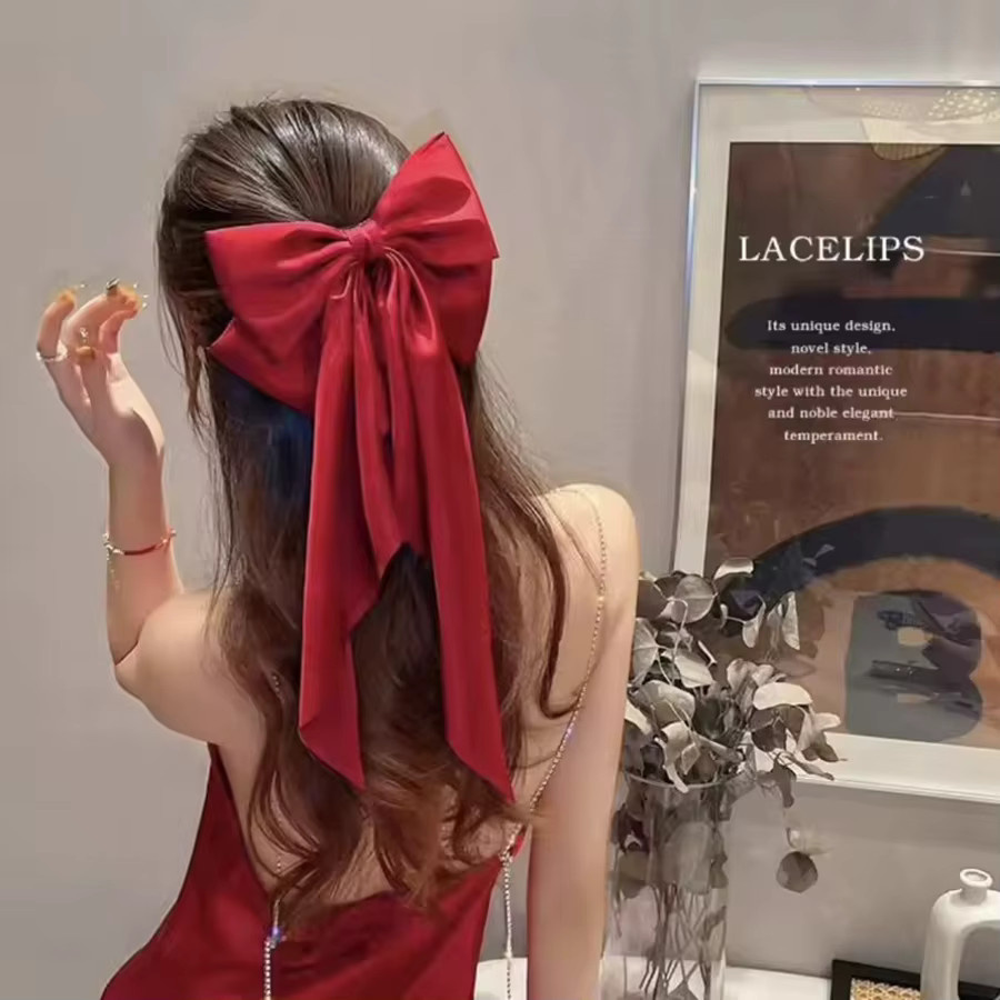 Haarspange Seidensatin, Rote Schleife mit Quastenband, Damen - Bild 6