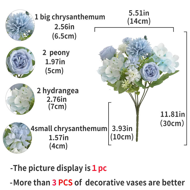 Künstlicher Blumenstrauß aus Textil mit Pfingstrosen, Hortensien und Chrysanthemen in Lila und Blau für deine Dekoration - Bild 3
