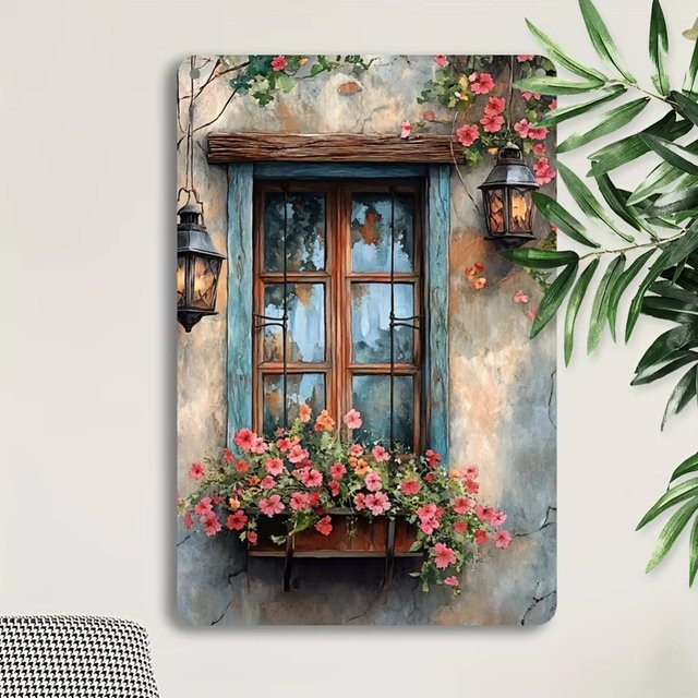 HELLOYOUNG Rustikales Wandfenster mit floralem Blumendesign in Multicolour, B/H: 30,0 x 20,0 cm - Bild 1
