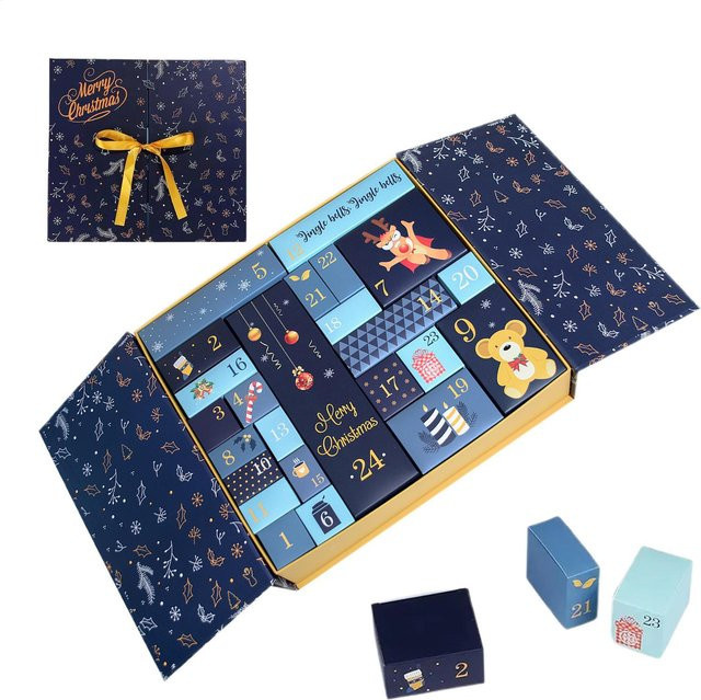 DIY Adventskalender aus Papier für 24 Tage, nachfüllbare Weihnachts-Countdown-Boxen in Blau für Süßigkeiten, Schmuck oder Spielzeug - Bild 1