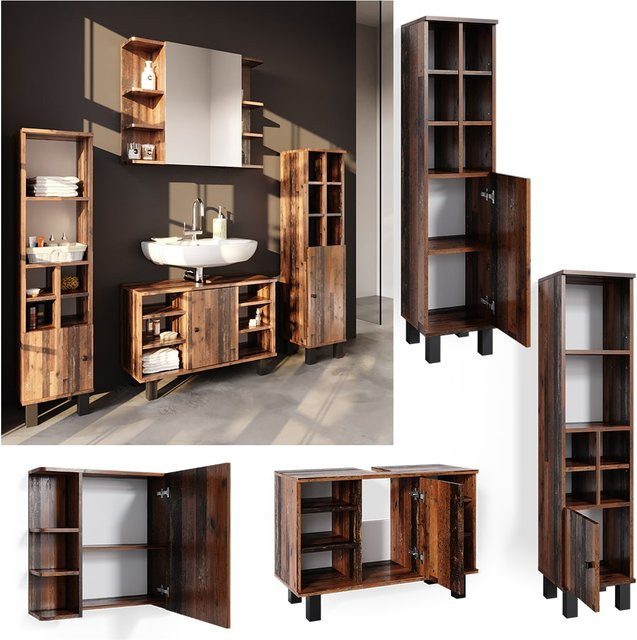 Vicco Badmöbelset Fynn in Eiche Rustikal Braun, bestehend aus Waschtischunterschrank, Spiegelschrank und Midischrank, Breite: 80 cm - Bild 1