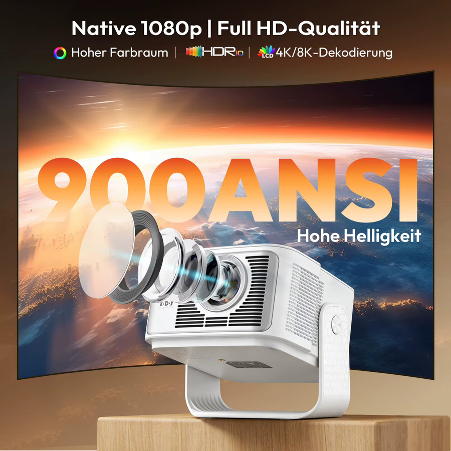 XGODY 8K Heimkino Projektor mit Android 14.0, 900 ANSI, Autofokus, Trapezkorrektur und Gimbal in Weiß - Bild 4