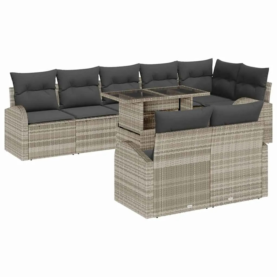 vidaXL Garten-Sofa-Set aus Polyrattan in Hellgrau, 9-teiliges L-Shape Lounge-Set mit Tisch, Polsterkissen und integriertem Stauraum - Bild 2