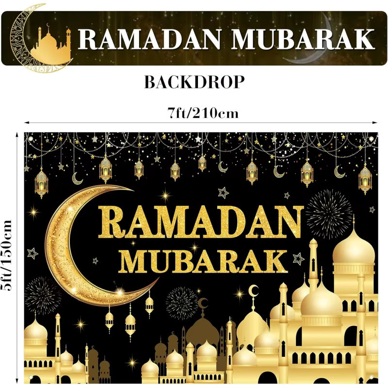 VIKAMA Ramadan Mubarak Banner Wandteppich mit Moschee-Design in Gold als islamischer Wandbehang für Innen- und Außendekoration - Bild 4