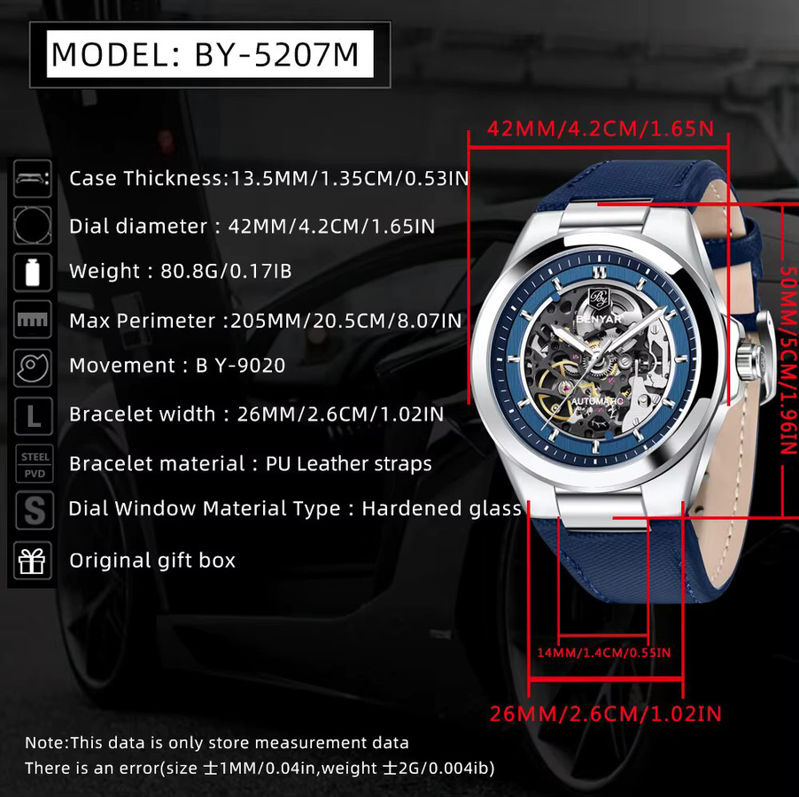 BENYAR Automatik-Armbanduhr, Herren, Lederarmband, Blau, Edelstahl - Bild 6