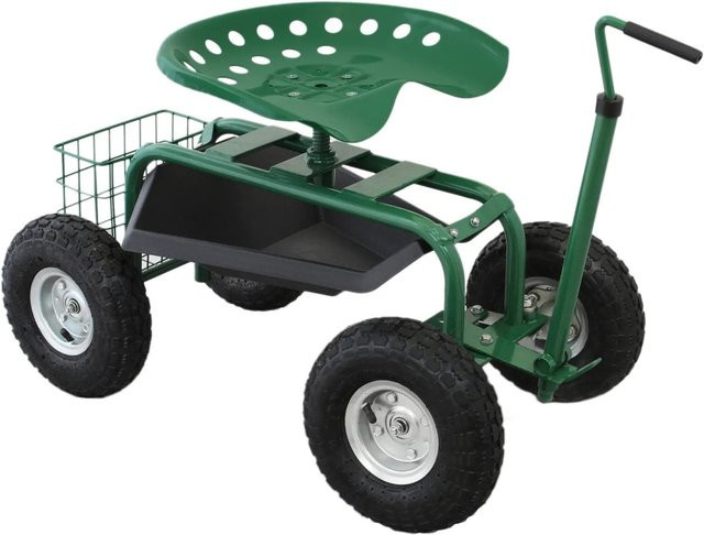 MonsterShop Fahrbarer Gartensitz mit Werkzeugfach und Korb in Grün aus Stahl - Bild 1