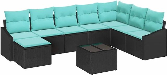 vidaXL 9-teiliges Lounge-Sofa Set aus Polyrattan in Schwarz mit Kissen und Tisch - Bild 1
