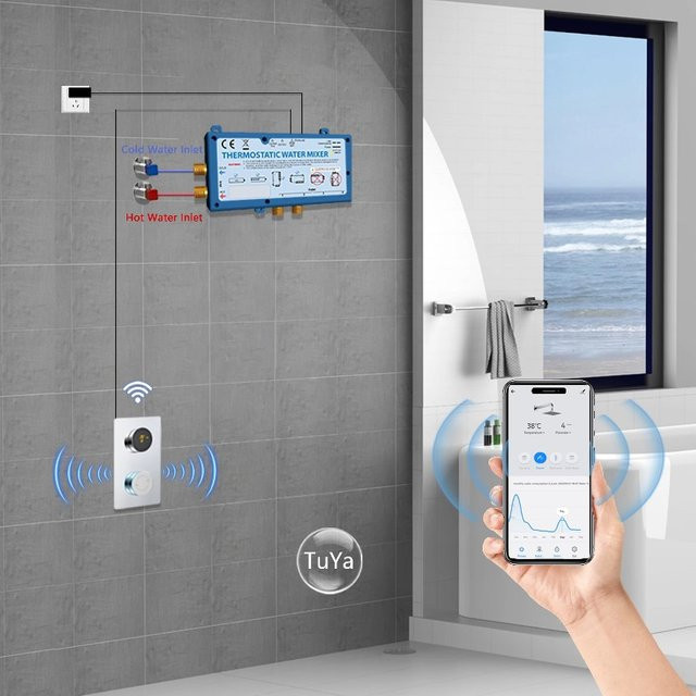 Digitales Thermostat-Duschset mit WiFi APP-Steuerung und verdeckter Montage in Chrom und Silber - Bild 1