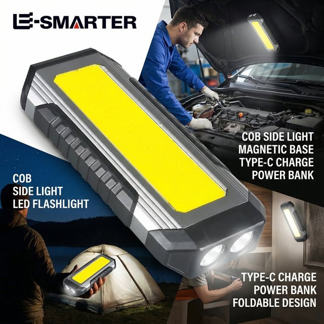 ESMARTER USB-aufladbare Campinglampe mit COB-LED, Magnetische Arbeitsleuchte und Laterne in Schwarz - Bild 1