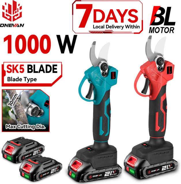ONEVAN Bürstenlose elektrische Gartenschere 1000 W mit 30 mm Schneidkapazität in Blau für 18 V und 21 V Akkus - Bild 1