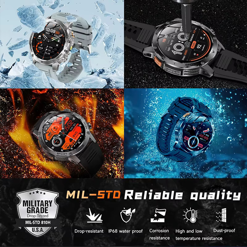 GUHUAVMI Smartwatch für Herren in Schwarz mit 1,7 Zoll AMOLED-Bildschirm, Bluetooth-Anruf, Herzfrequenzmessung und wasserdichtem Outdoor-Militär-Design mit 1000mAh Akku - Bild 8