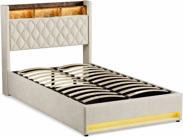 okwish Polsterbett mit LED-Beleuchtung und USB-Steckdosen in Beige mit Lift-up-Funktion B/T/H: 140 x 200 x 117 cm - Bild 1