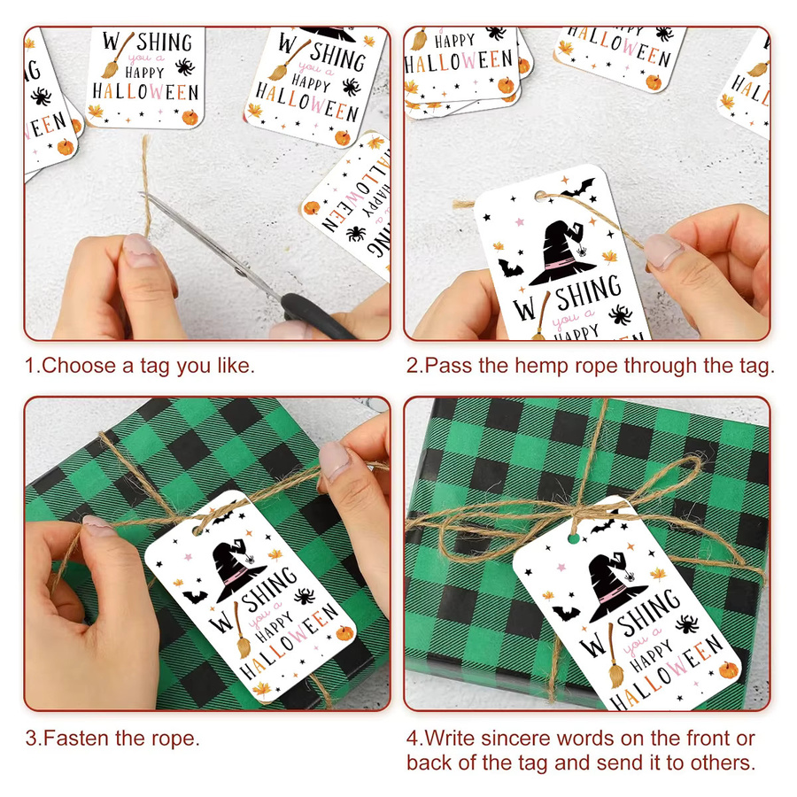 50 Stück Halloween-Geschenketiketten aus Papier mit Hanfseil im Design von Hexenhüten und Kürbissen zur DIY-Verpackungsdekoration - Bild 6