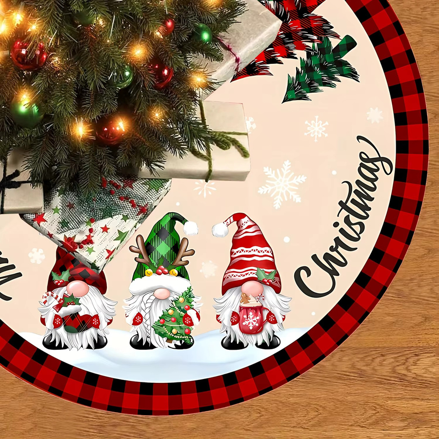 VIKAMA Weihnachtsbaum Rock mit Cartoon Zwerg Design, rot und schwarz kariert, runde Baumfuß Dekoration aus Textil - Bild 2