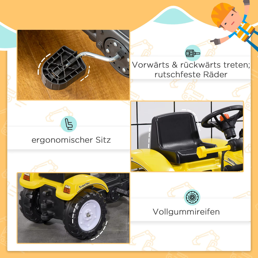 HOMCOM Bagger Radlader Aufsitzbagger mit Schaufel und Ablagefach ab 3 Jahren Gelb Schwarz - Bild 6