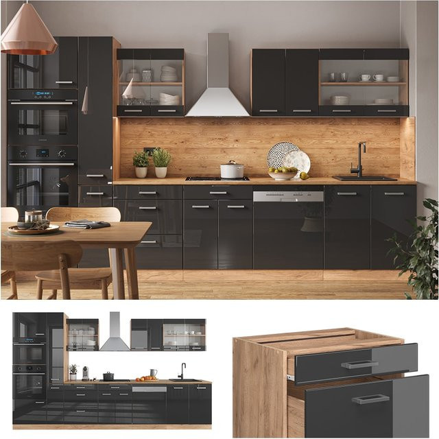 Vicco Küchenzeile R-Line in Anthrazit Hochglanz und Eiche, Breite: 350 cm - Bild 1