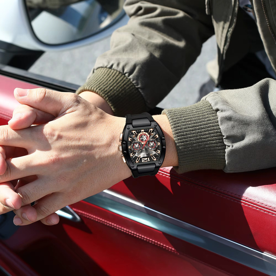 POEDAGAR Armbanduhr Chronograph, Quarz, Silikon, Schwarz, Herren - Bild 6