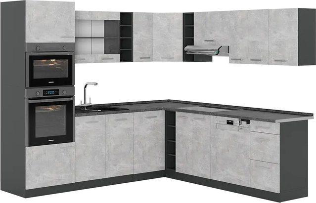 Vicco R-Line Eckküche in Beton-Optik und Anthrazit, moderne Küchenzeile ohne Arbeitsplatte und Elektrogeräte - Bild 1