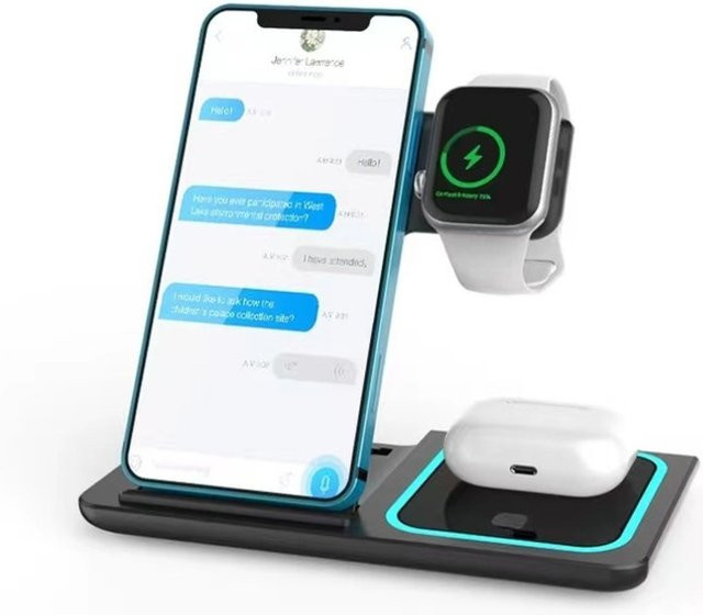 VIKEFON 3-in-1 LED Kabellose Ladestation für iPhone, Apple Watch und AirPods in Schwarz - Bild 1