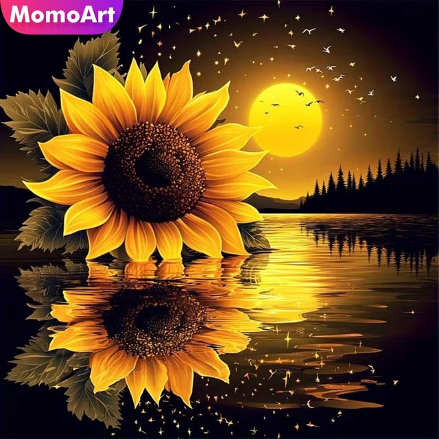 Momoart Diamant-Mosaik Bastelset Sonnenblume und Mond als runde Diamantmalerei für DIY Kreuzstich Stickerei B/B/B: 20 x 20 x 20 cm - Bild 1