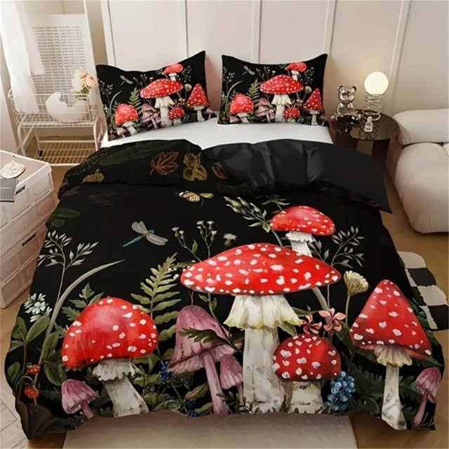 3-teiliges Queen-Size-Bettwäscheset Lodestar mit rotem Pilzprint in Rot und Schwarz, atmungsaktive Mikrofaser-Bettwäsche, B/H: 210 x 210 cm - Bild 1
