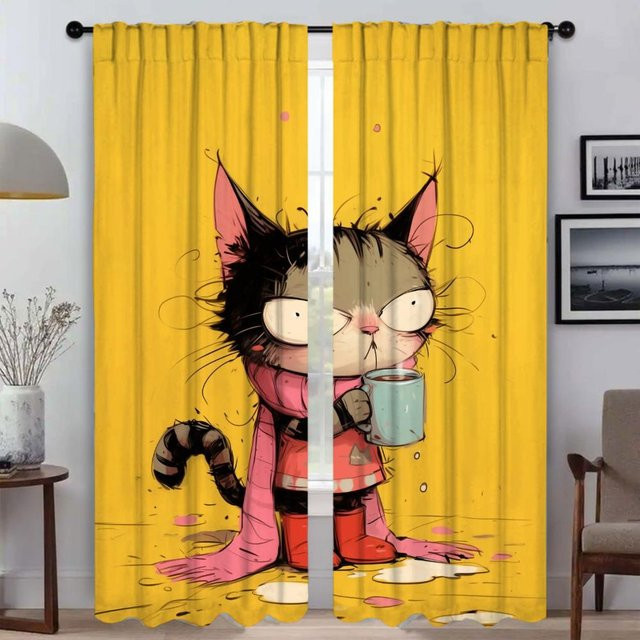 Zweiteiliges Katze Fenstervorhang Set in Gelb für Schlafzimmer und Kinderzimmer, semi-transparent mit Grafik-Design, Breite: 50 cm, Höhe: 70 cm - Bild 1