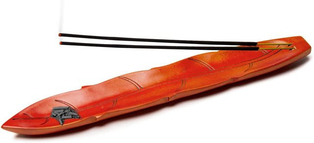 Soulveda Cycle Räucherstäbchenhalter aus Teakholz in Blattform mit Ascheauffangschale, Farbe: Orange - Bild 1