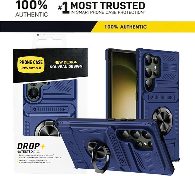 Defender Magnetring-Halterung OTT-BOX Schutzhülle für Samsung S26 Ultra S25 S24 S23 Plus A57 A37 mit Kartenfach und Stoßschutz in Gold und Blau - Bild 1